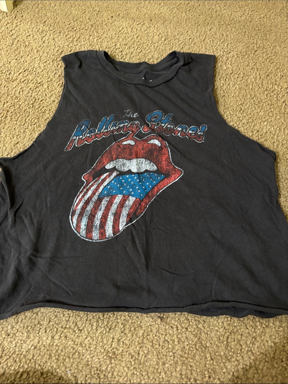 Rolling Stones Black Tank with American Flag Tongue Graphic